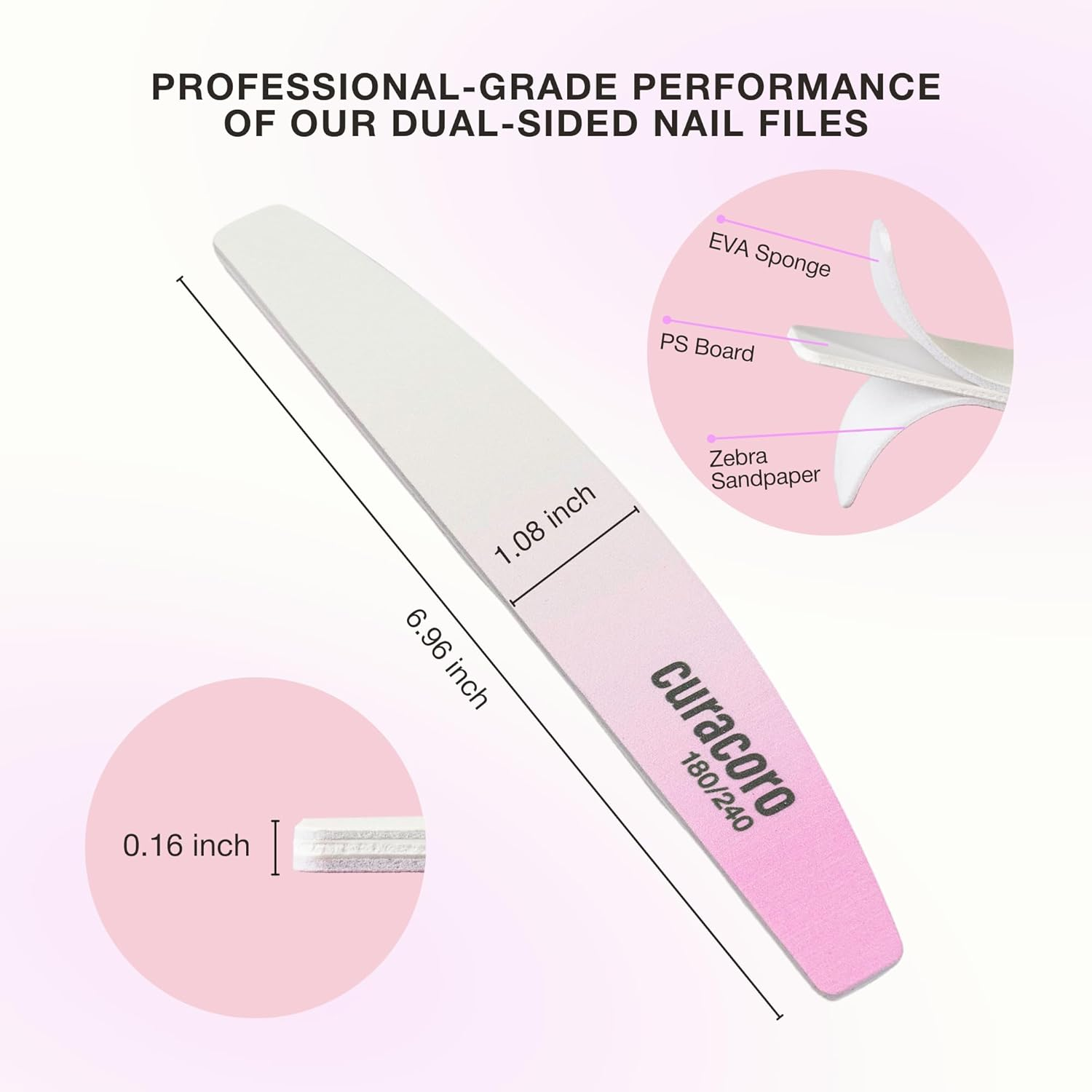 Curacoro 10 PCS Nail File - Professional Half-Moon Nail Files Double Sided Emery Board (180/240 Grit), Washable Nail Files and Buffers, Smooths & Shapes Nails, Manicure & Pedicure Buffing Tools image number 4