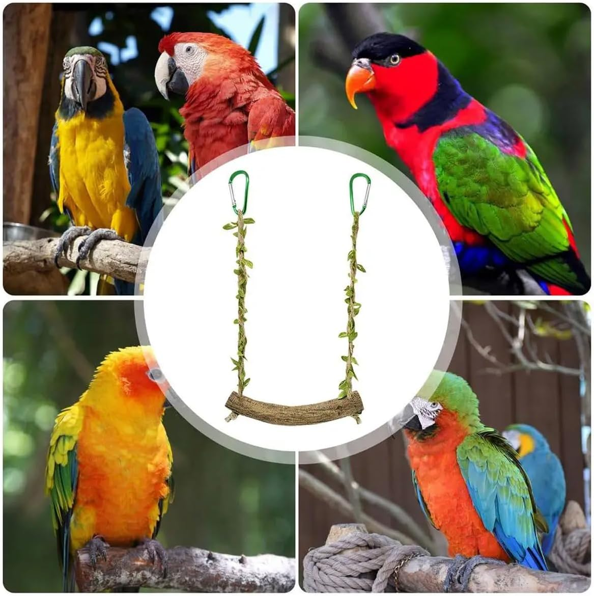 AIMALL Parrot Swing Station with Rattan Wood Pole, and Green Carabiner &ndash; Birdcage Decoration and Perch for Parrots image number 2