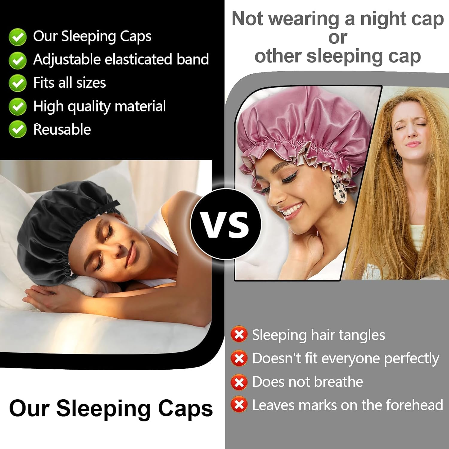 Satin Bonnet, Adjustable Double Layered Satin Cap, Satin Sleep Hair Cap for Women Girls Shower, Sleeping (Black) image number 2