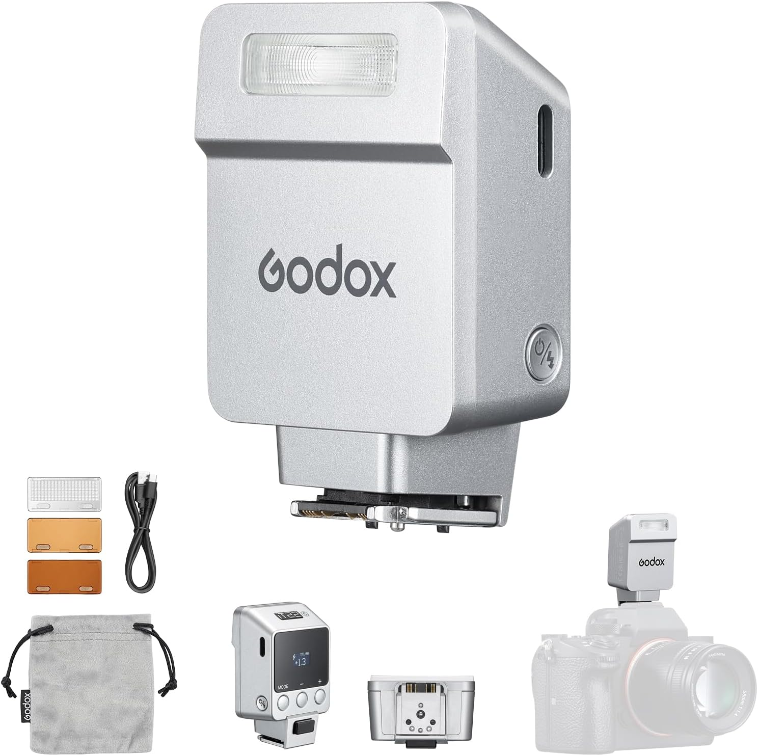 Godox It22 S TTL Mini Flash for Sony Cameras, Mini Camera Flash Speedlite W/Rechargerable Battery & Magnetic Color Filter, 700 Full Power Flashes (Silver)