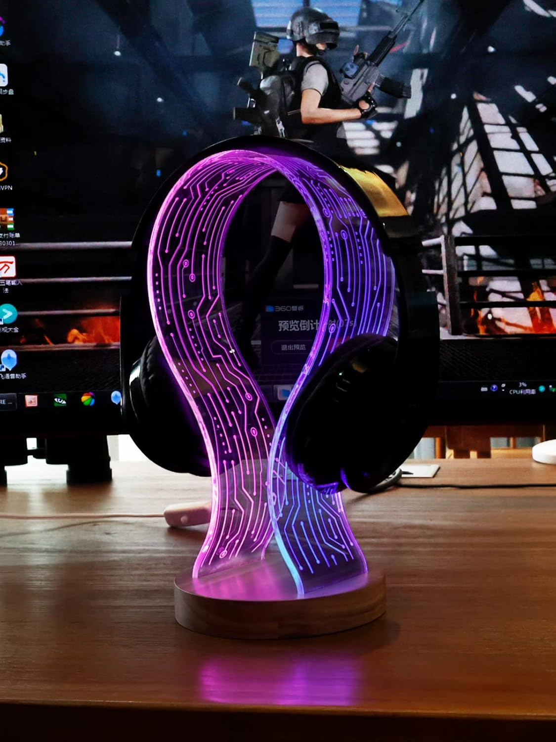 Yuandian Headphone Stand, Walnut Wood Headset Holder with Blue Pink LED Night Light for Gamers, Men, and Music Lovers - Perfect Desk Gift Idea image number 5