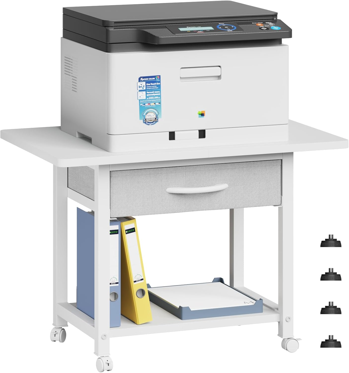 YAOHUOO 22"X15" Large Printer Stand with Storage Drawer, 2-Tier under Desk Printer Table for Home Office, Printer Cart Fit Fax Machine/3D Printer/Scanner(White) image number 4