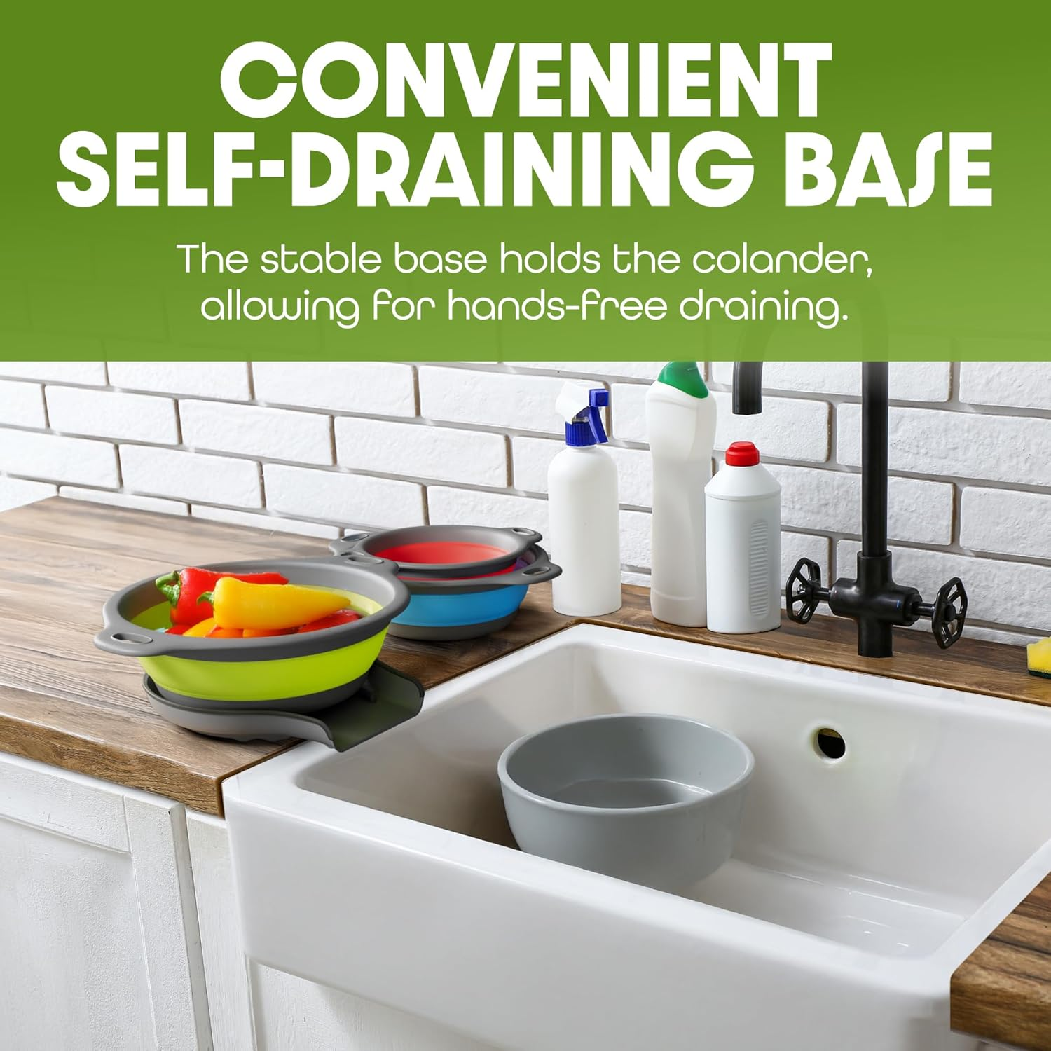 Gevoli Collapsible Colanders with Self-Draining Base for Edge of Sink, Food Strainers (Small/Med/Large), Nested Design for Easy Storage (Red, Blue, Green) (4PC Set)