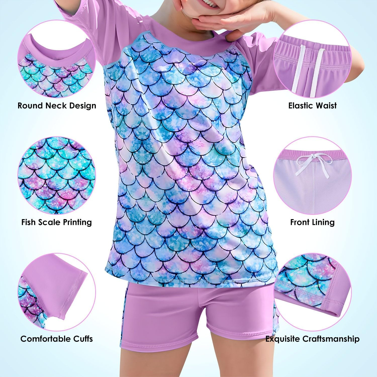 Slowton Girls Short Sleeve Swimsuit, 4 Piece Rash Guard Set Short Sleeve Bathing Suit with Swimming Cap and Goggle, Summer Quick Dry Swimwear for Kids Girls 5-12 Years image number 1