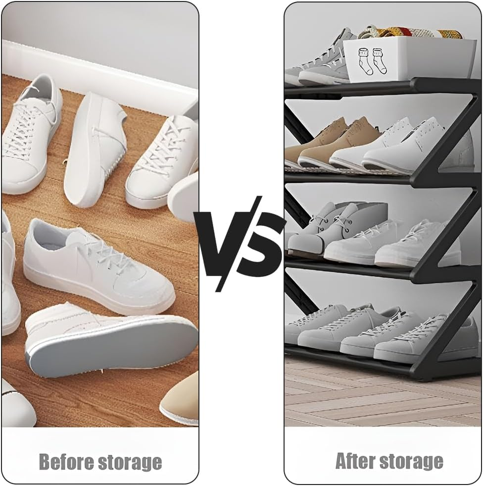 4-Tier Shoe Rack, Stainless Steel Shoe Storage Organizer, Stackable Shoe Tower Free Standing Shoe Shelf for Closet Entryway Balcony Living Room Bedroom (Black) - Black image number 4
