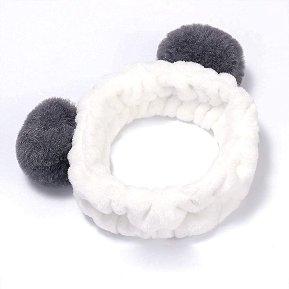 2Pcs Cute Panda Ear Headband Soft Elastic Coral Fleece Hair Band with Pompons for Ladies Fashion(Black Ear and Grey Ear) image number 2