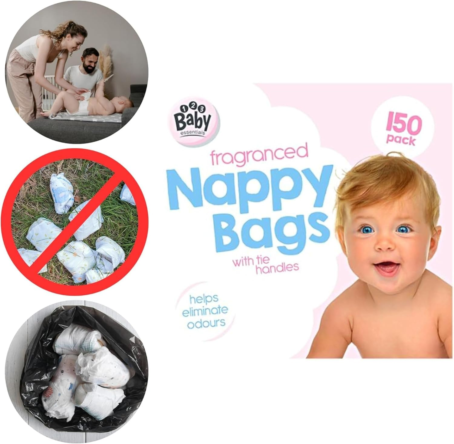 Fragranced Nappy Bags &ndash; 150 Pack | Disposable Scented Nappy Sacks with Handles | Odour Control Diaper Bags for Hygienic Waste Disposal | Large Size 31X28Cm &ndash; Ideal for Home & Travel Use image number 1