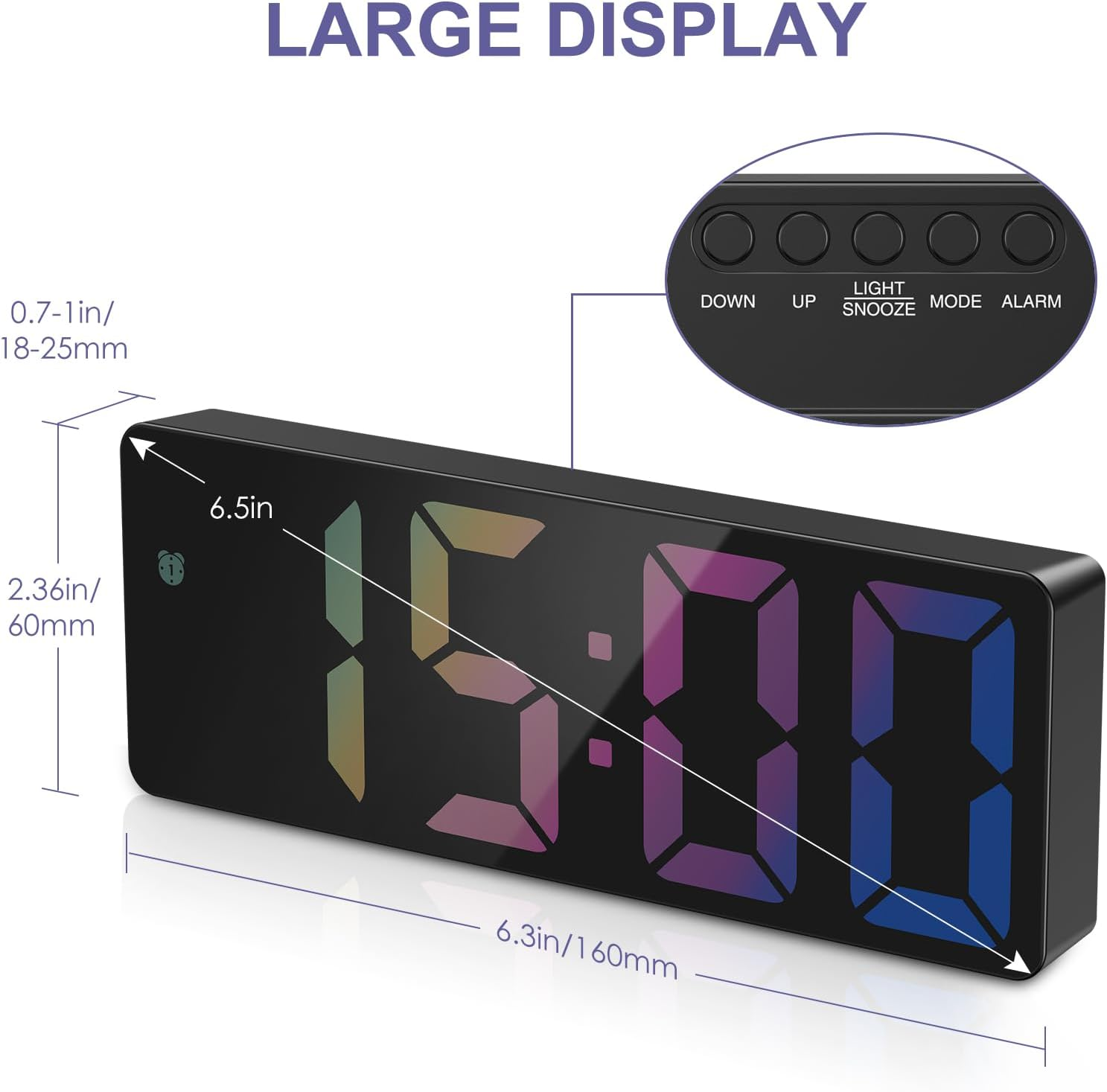 Digital Alarm Clock, Bedside Alarm Clocks with Colorful LED Display, Usb/Battery Powered Digital Clock with Voice Control, Snooze, Temperature, 3 Adjustable Brightness, Date for Heavy Sleepers image number 6