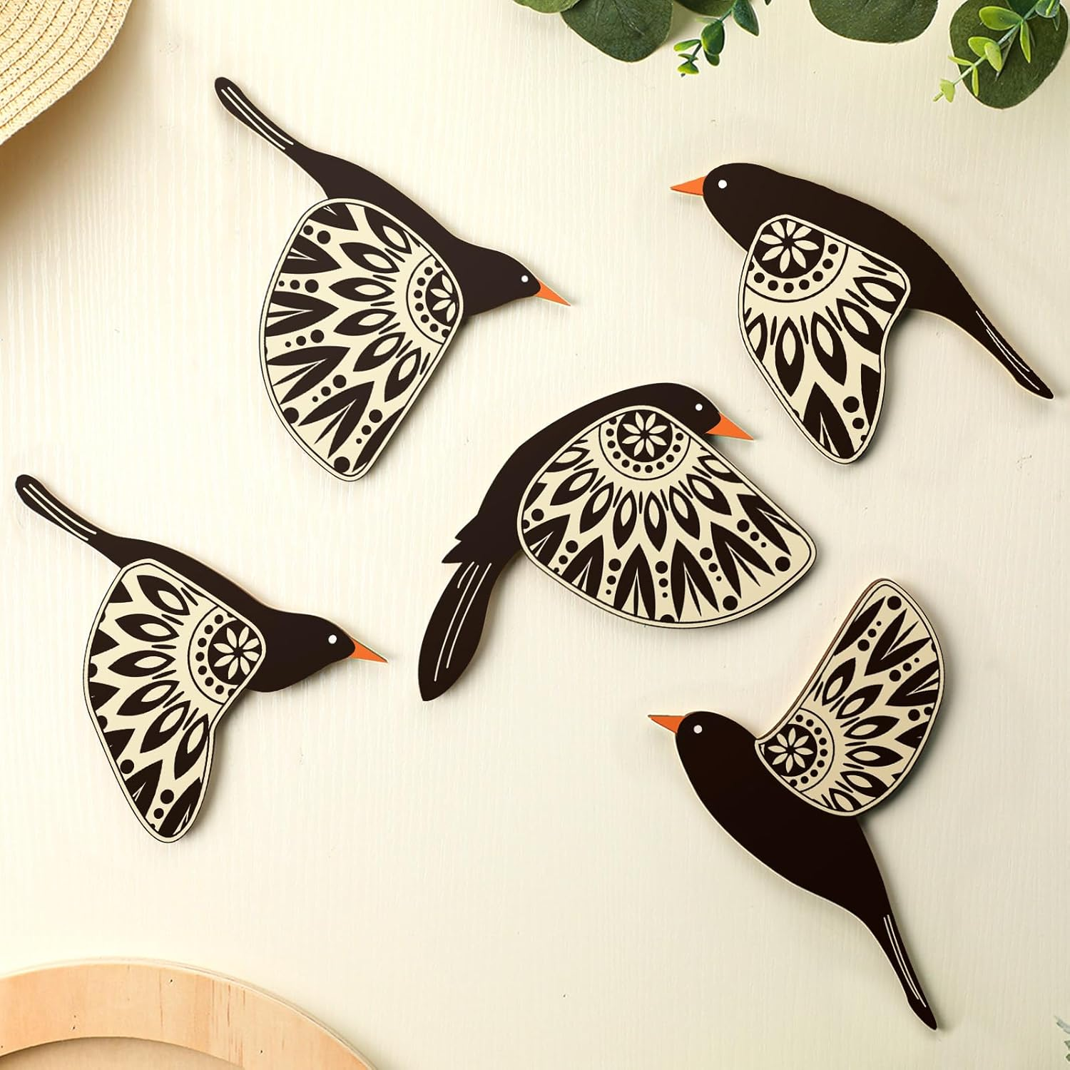 Barydat 5 Pcs Wooden Bird Wall Art Wood Flying Birds Wall Decor Rustic Folk Art Scandinavian Home Decor for Gift Living Room Bedroom Kitchen Office(Teal)