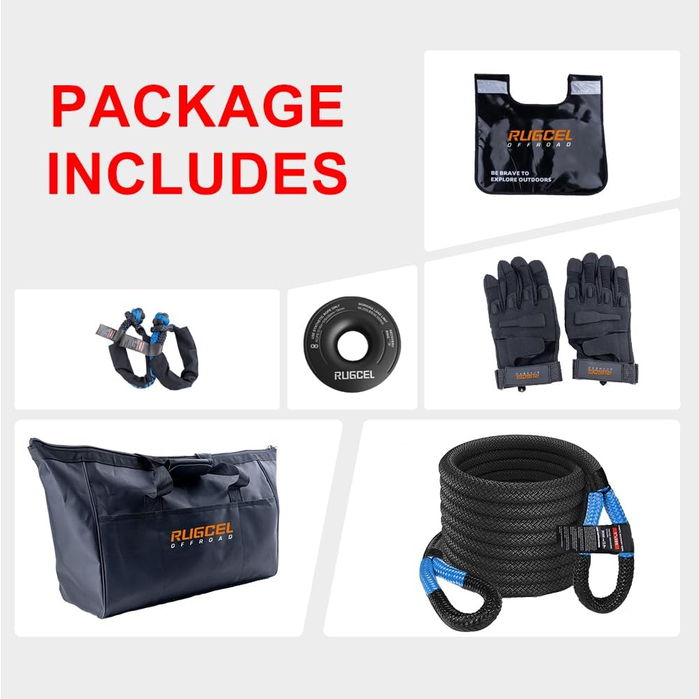 RUGCEL Kinetic Recovery Rope Kit (30,360 Lbs) Heavy-Duty Gloves, Soft Shackle, Snatch Block, Suitable for ATV, UTV Trucks,Car image number 3