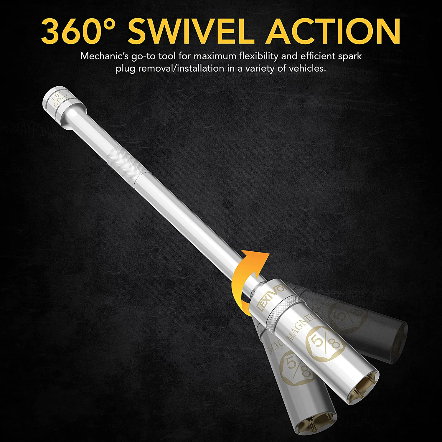 LEXIVON 5/8" Swivel Magnetic Spark Plug Socket, 3/8" Drive X 10" Total Length | Enhanced Magnetic Design with Thin Wall Socket, Cr-V Steel (LX-122)