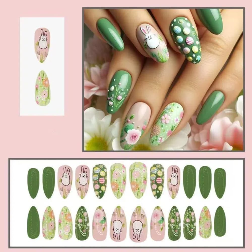 Ztcily False Nails Almond Medium Pink and Green False Nails French Manicure Rabbit Flower and Colorful Eggs Fake Nails for Easter image number 3