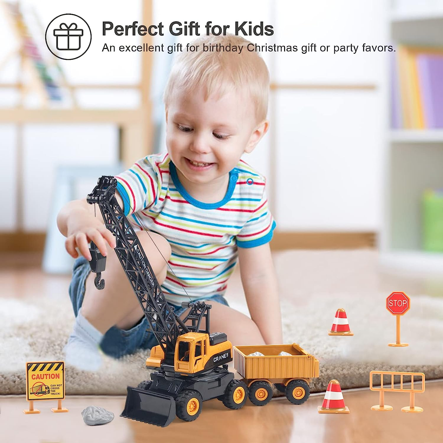 Hapavis Crane Toys Construction Truck Inertia Vehicle Engineering Car with Trailer Road Signs for Kids Boys Girls Birthday Gift image number 6