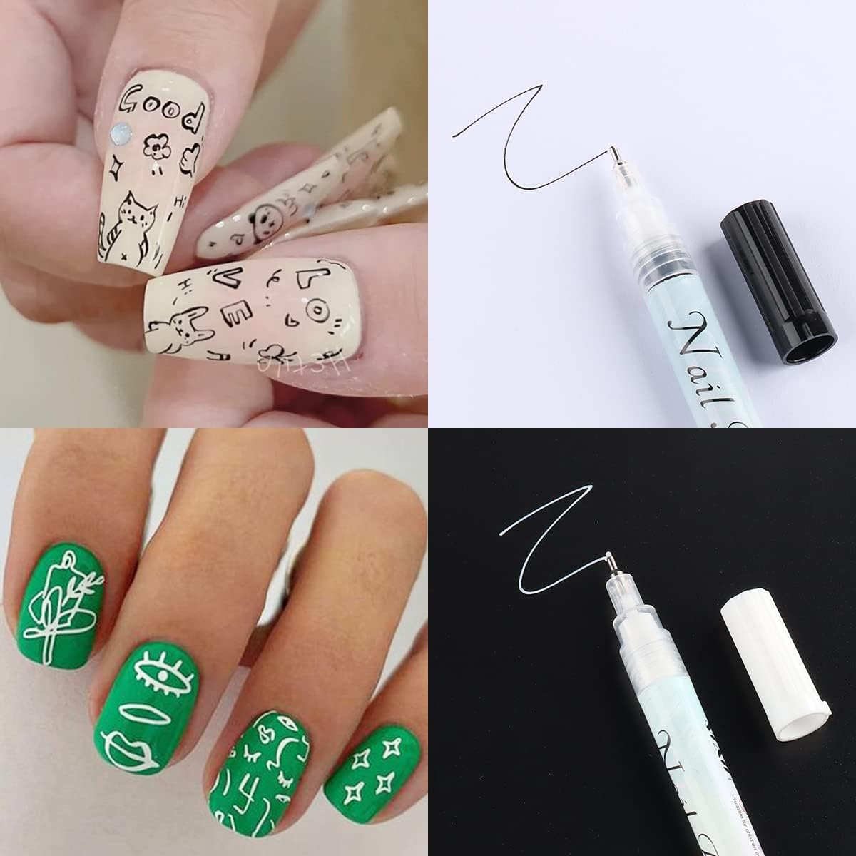 Nail Art Graffiti Pen Set 12Pcs Waterproof Painting Marker Pen Black White Drawing Gel Liners Quick Dry Dotting Pen Nails Professional Material for Manicure