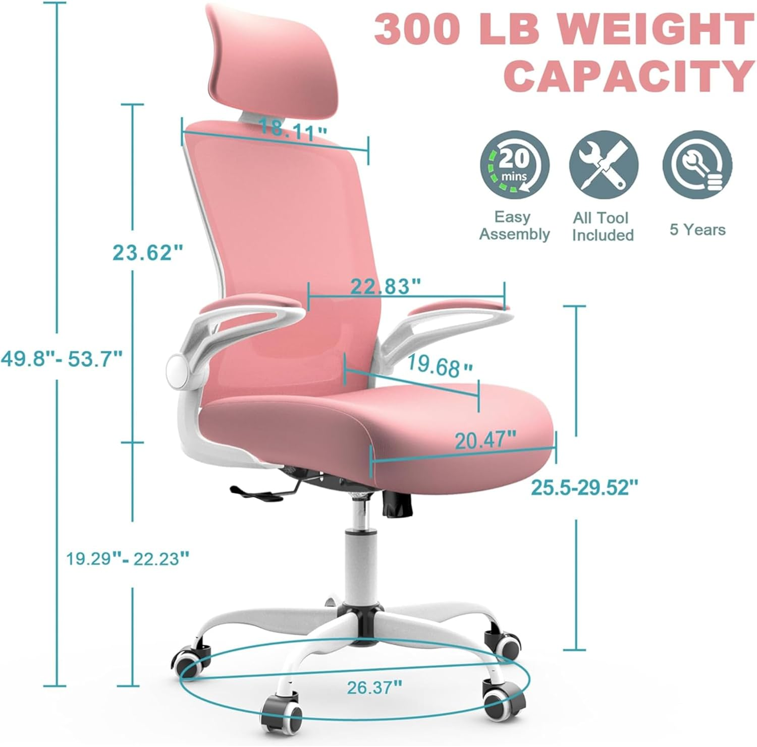 Mimoglad Office Chair, High Back Ergonomic Desk Chair with Adjustable Lumbar Support and Headrest (Spanish Pink) - Ivory White image number 4