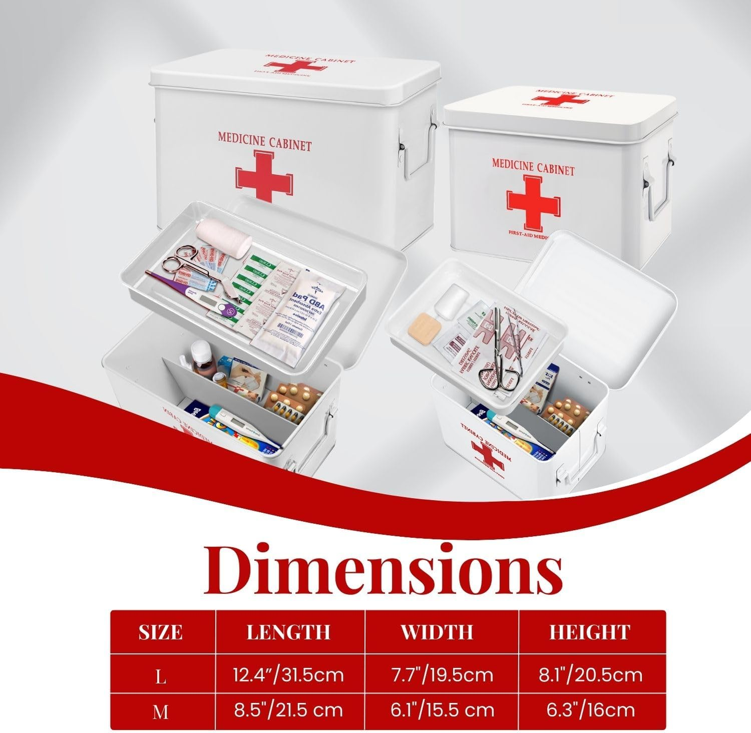 Flexzion First Aid Box Organizer Empty 13" White Vintage First Aid Kit Tin Metal Medical Box - First Aid Storage Box Container Bins with Dividers, Removable Tray and Red Cross Logo image number 7