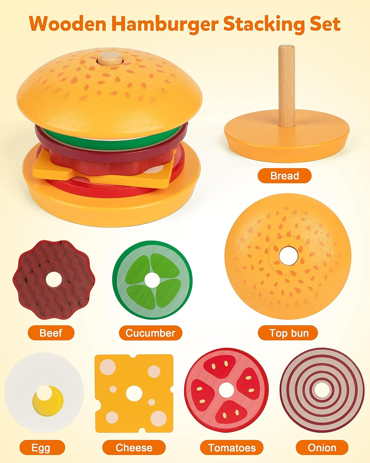Vanmor Wooden Stacking Burger Montessori Toy for 3+ Years Old, Pretend Playing Food Hamburger Puzzle Pattern Games, Educational Activities Teaching Tool for Preschool Fine Motor Skills for 3 4 5 image number 4