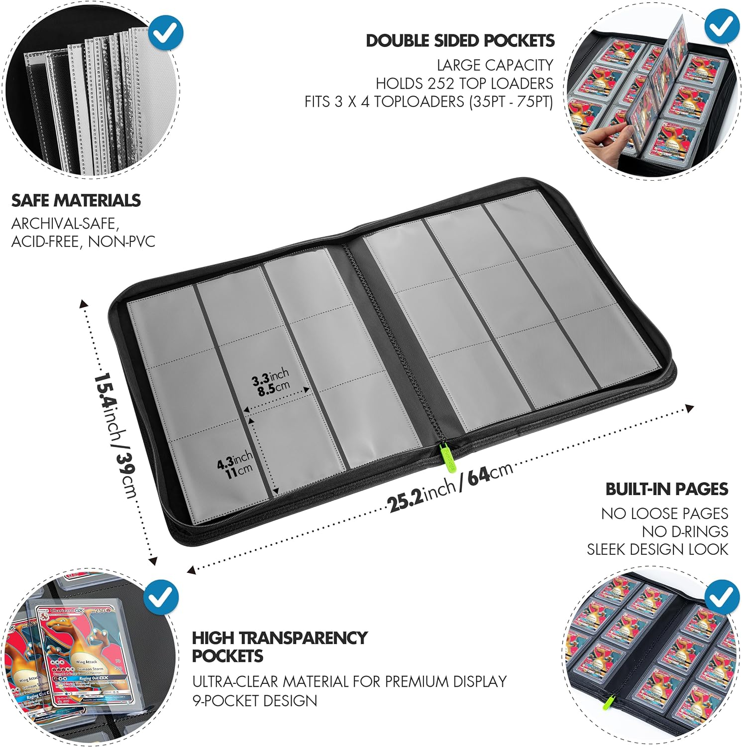 Toploader Binder, Trading Card Binder Storage, 252 9 Pocket Top Loader Binder, Pokemon Binder, Card Collection Binder, Yugioh Cards Binder, MTG Card Binder, TCG Binder, Card Folders for Trading Cards - 12 Pocket - Black And Yellow image number 3