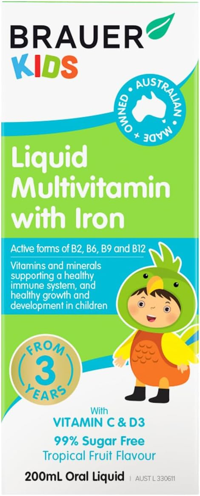 Brauer Natural Kids Liquid Multivitamin with Iron 200 Ml, Multicolor (BNLKMUL) image number 3