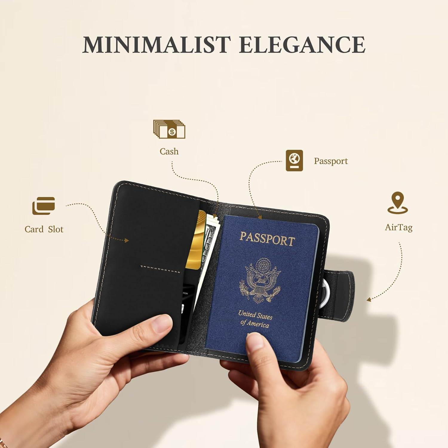 ALLIVE Passport Holder for Travel, Rfid Passport Holder for Women & Men, Genuine Leather Passport Cover Travel Wallet with Airtag Hidden, Airport Essentials, Travel Must Haves Gifts, Black, Genuine image number 1