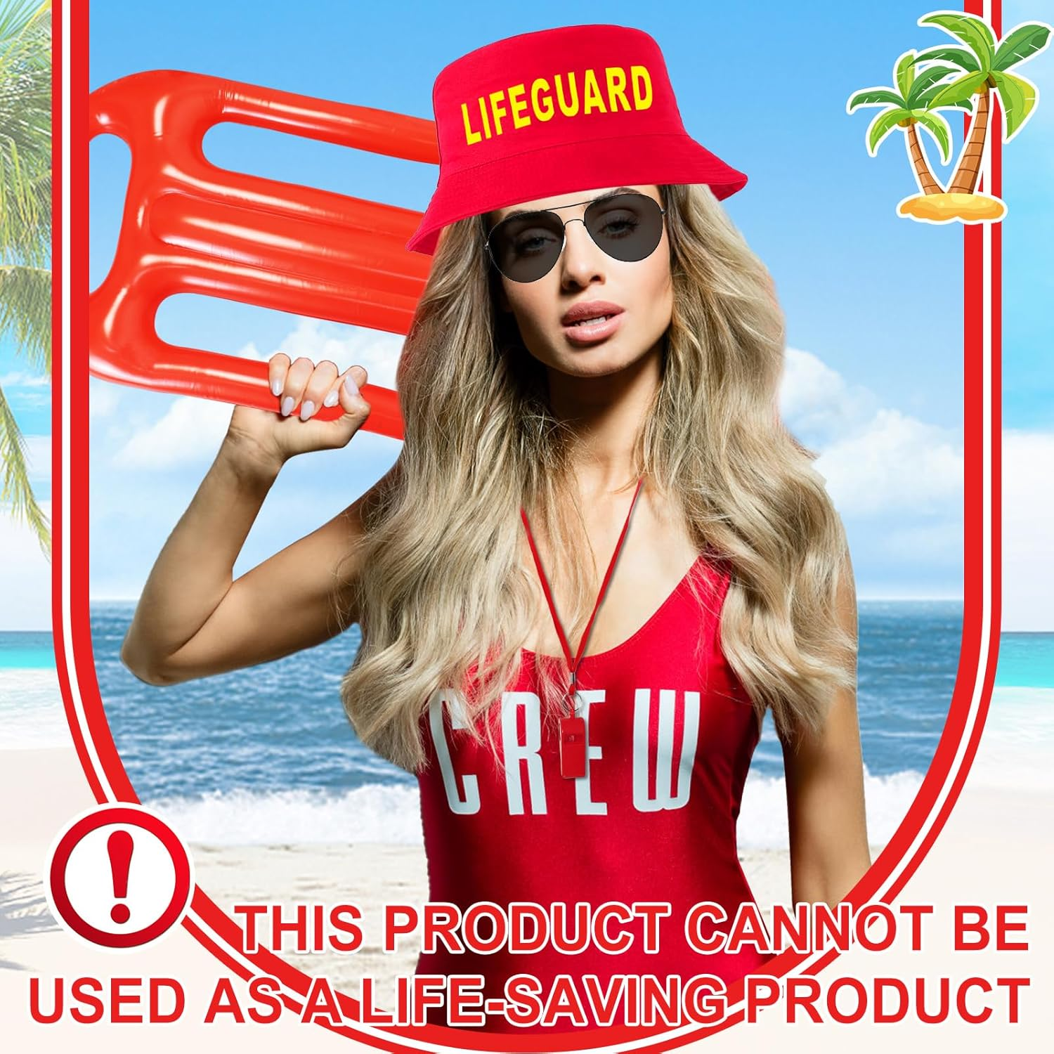 5Pcs Life Guard Accessories Kit Include Inflatable Float Prop Bucket Hat Adjustable Fanny Pack Whistle Sunglasses Lifeguard Fancy Dress Costume for Adults Women Men Halloween Cosplay Party image number 1