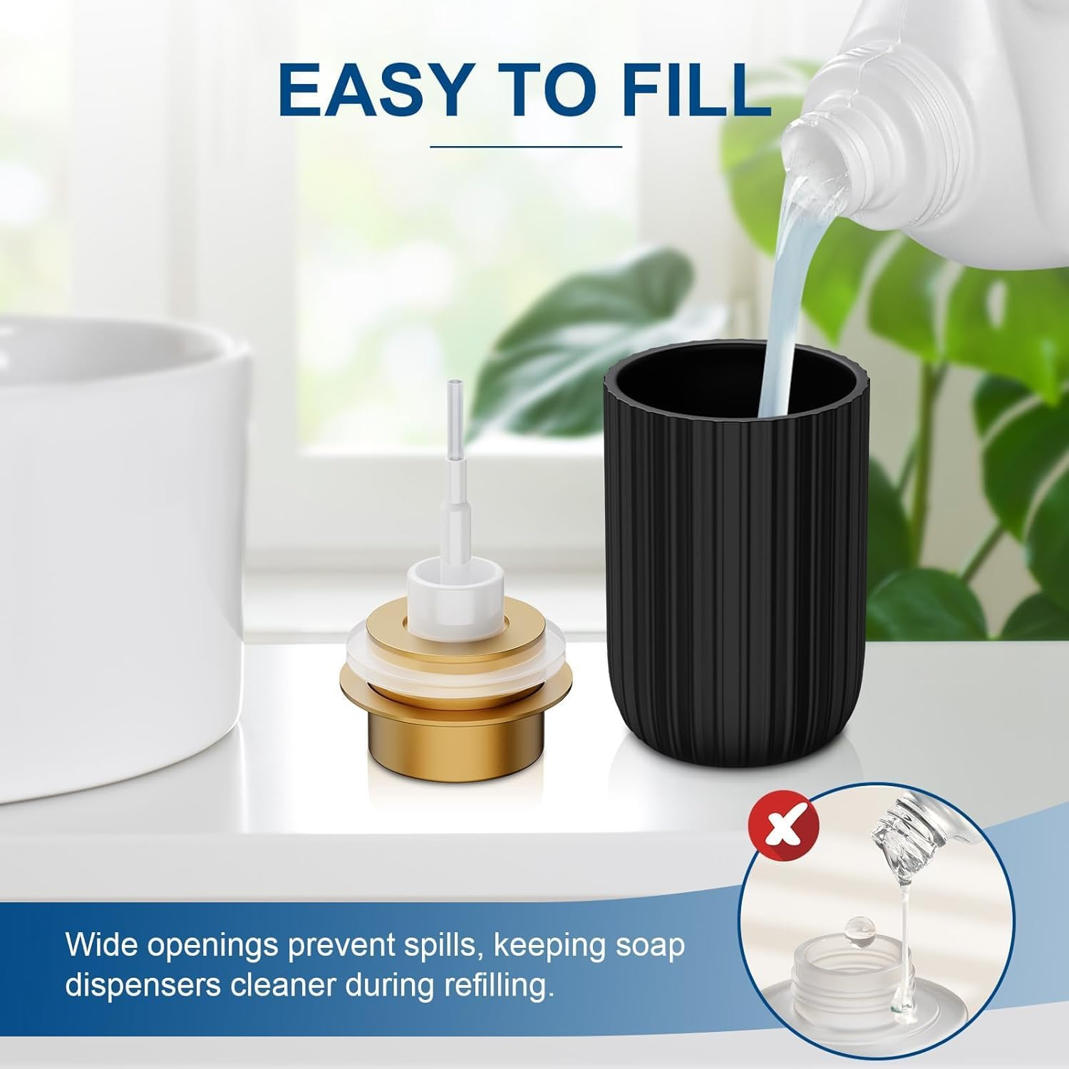 2 Pack Foam Soap Dispenser - 12 Oz Beige Ceramic Foaming Soap Dispenser for Bathroom, Hand Wash Dispenser Bottle with Foaming Pump, Striped Refillable Dish Soap Dispenser for Kitchen(Black) image number 2