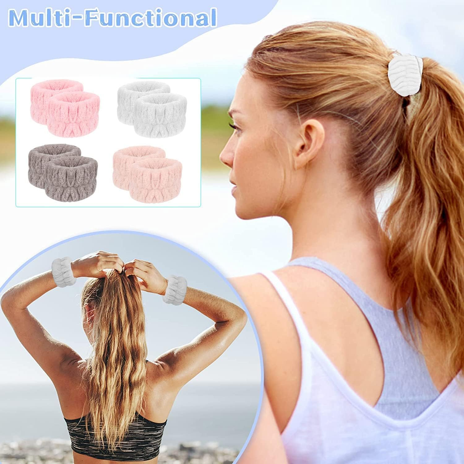 Yharnamite 4 Pairs Microfiber Wrist Wash Towel Bands, Face Wash Wristbands, Elastic Wristbands for Makeup, Yoga, Sports, Shower, Spa