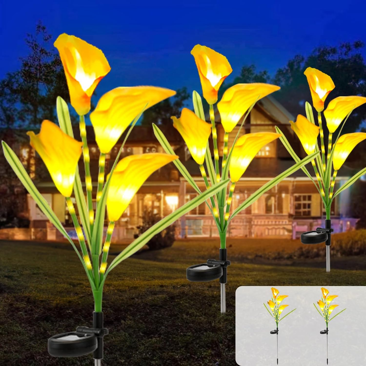 Acxilexy Pack of 2 Solar Garden Lights Outdoor, Calla Lily Flower Light with 32 Leds and 4 Flowers, Waterproof Flower Lantern, Solar Lights for Patio, Lawn, Patio, Christmas Decorations