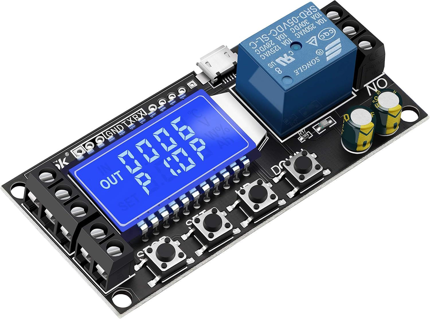 Timer Relay, DROK Time Delay Relay 5V 12V 24V Delay Controller Board Delay-Off Cycle Timer 0.01S-9999Mins Trigger Delay Switching Relay Module with LCD Display Support Micro USB 5V Power Supply
