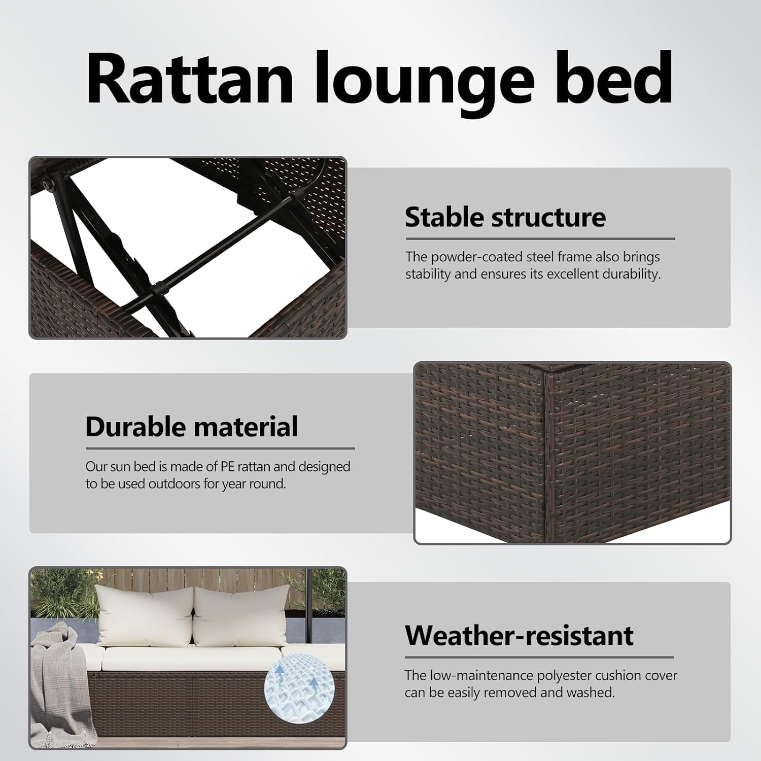 Vidaxl Comfortable Poly Rattan Garden Bed Brown - Adjustable Lounge Bed with Cushions and Back Pillows for Outdoor, Patio, Deck image number 6