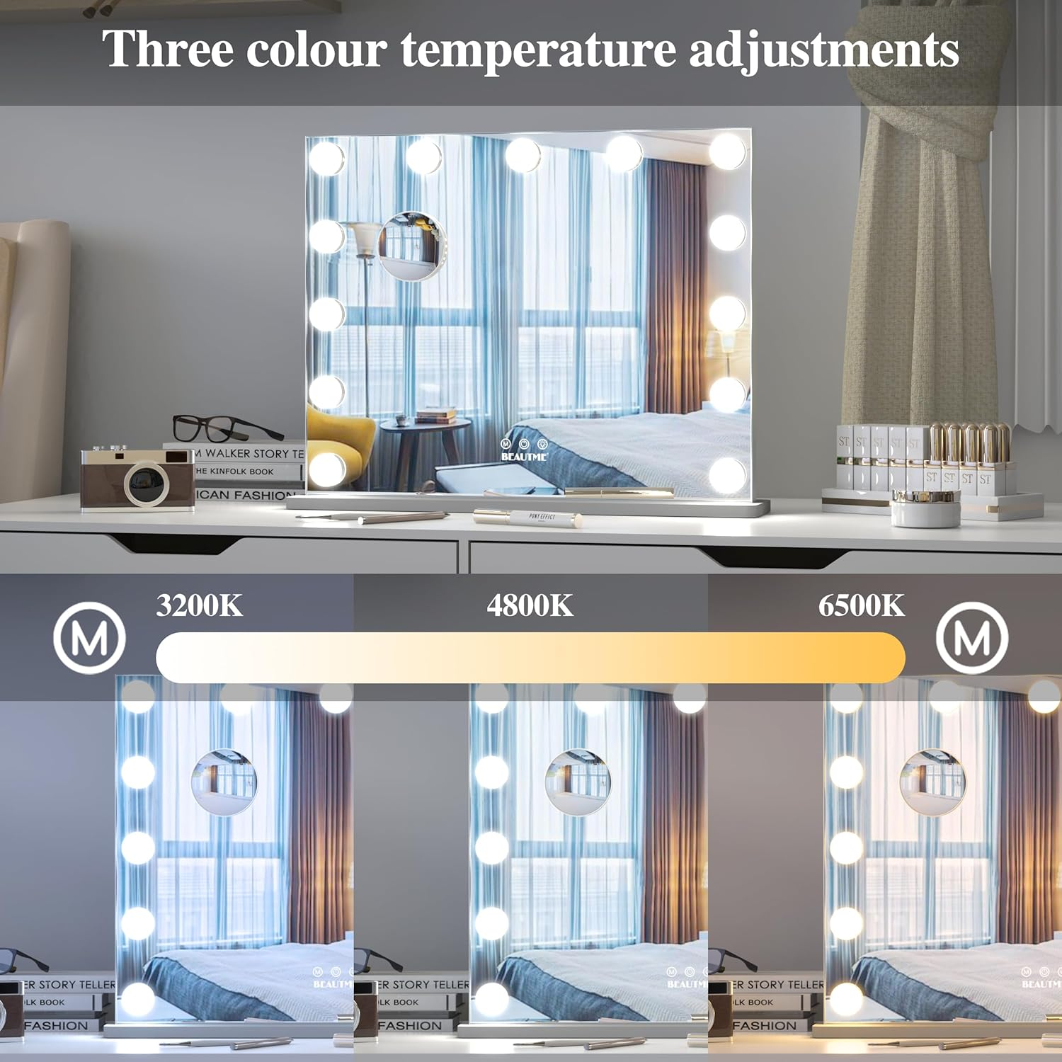 ANYHI Vanity Mirror with Lights, 50.5 X 39.7 Cm Hollywood Illuminated Makeup Mirror with 13 Dimmable Lights, Wall Mounted or Dressing Table Mirror for Makeup Vanity with 10X Magnifier (Silver) image number 2