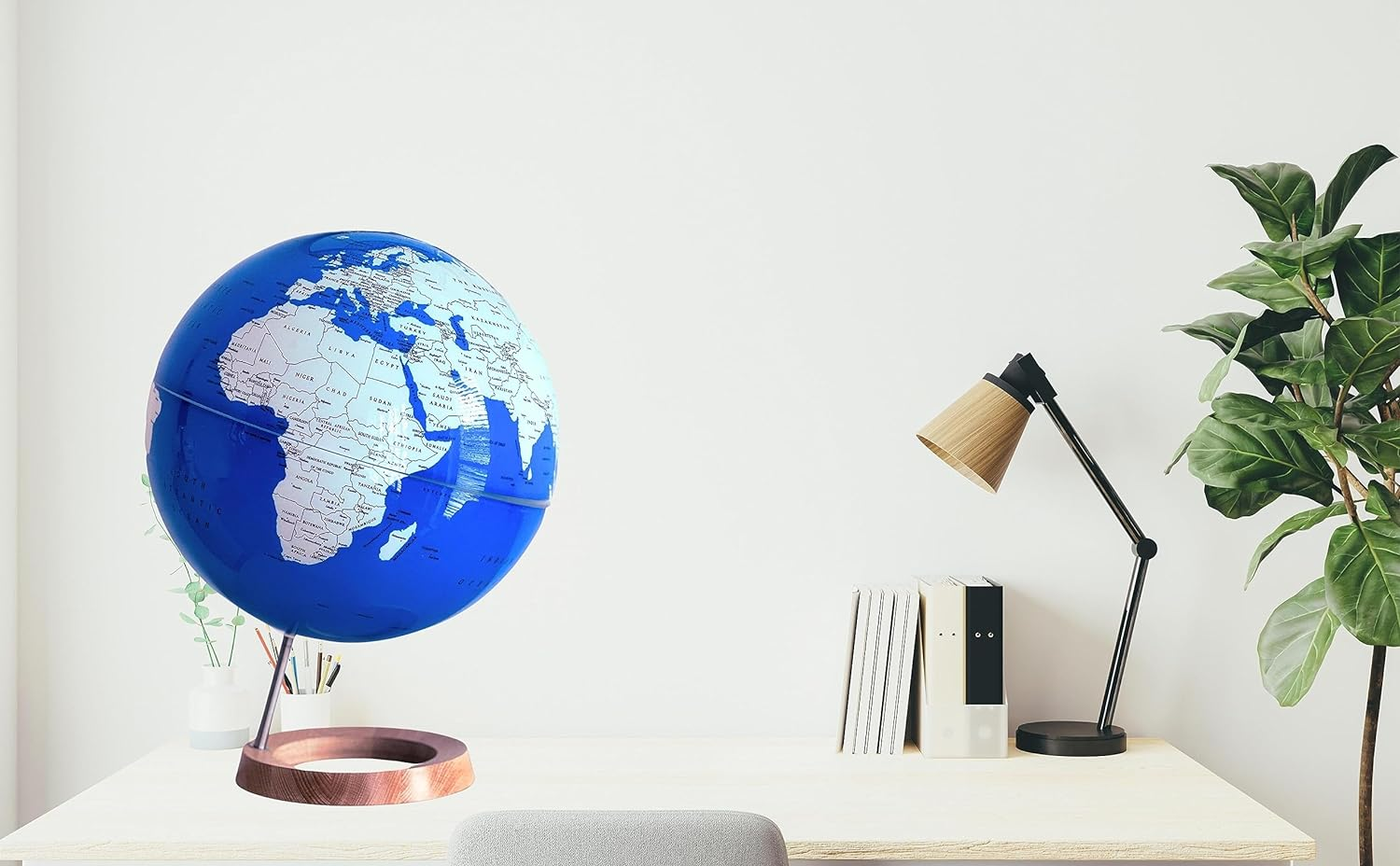 Exerz Illuminated World Globe 33Cm Diameter Wooden Base - Large Earth Globe Light up - Self Assembled - Sapphire