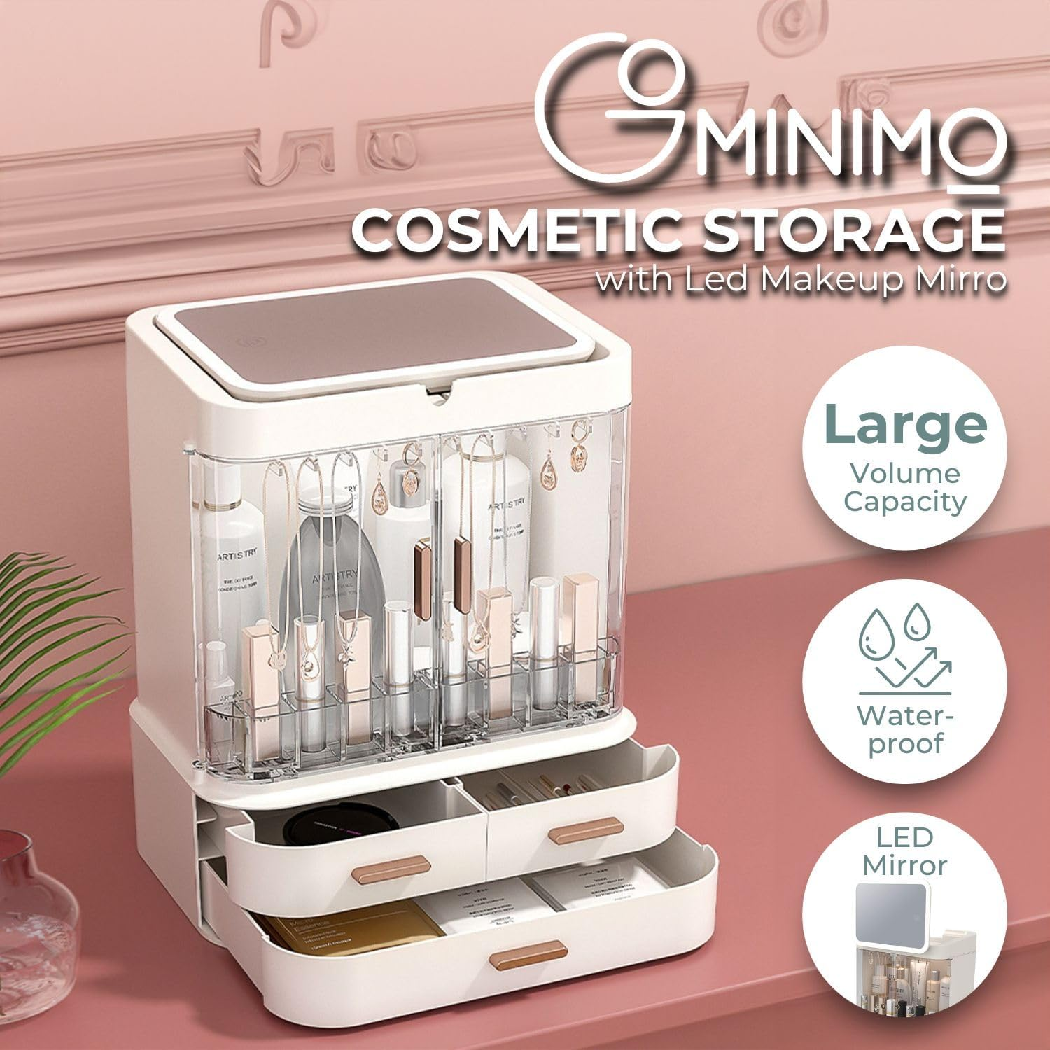 GOMINIMO Large Capacity LED Makeup Organizer with 360&deg; Mirror, Vanity Dresser USB Charging, Skincare, and Jewelry Organizers, Display Cases, Storage, White image number 5