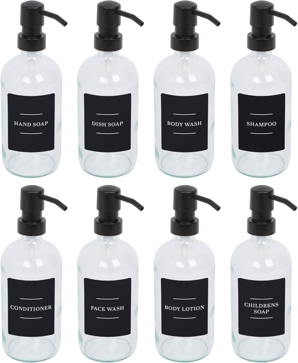 Harbour Housewares Glass Soap Dispensers with Labels - Amber/Black - 8 Pack - 500Ml Refillable Soap Dispensers Hand and Dish Liquid Pump for Bathroom, Kitchen, Laundry Room