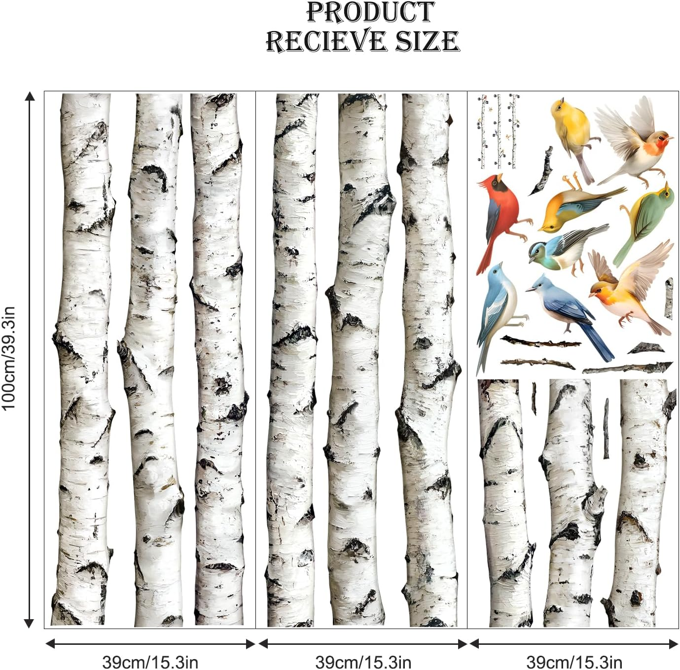 95" Tall Birch Tree Wall Decals 3 White Aspen Trees Flying Birds Wall Stickers Peel and Stick Birch Trunk Wall Art Decor for Bedroom Living Room Kitchen Sofa TV Backdrop Wall Decoration image number 4