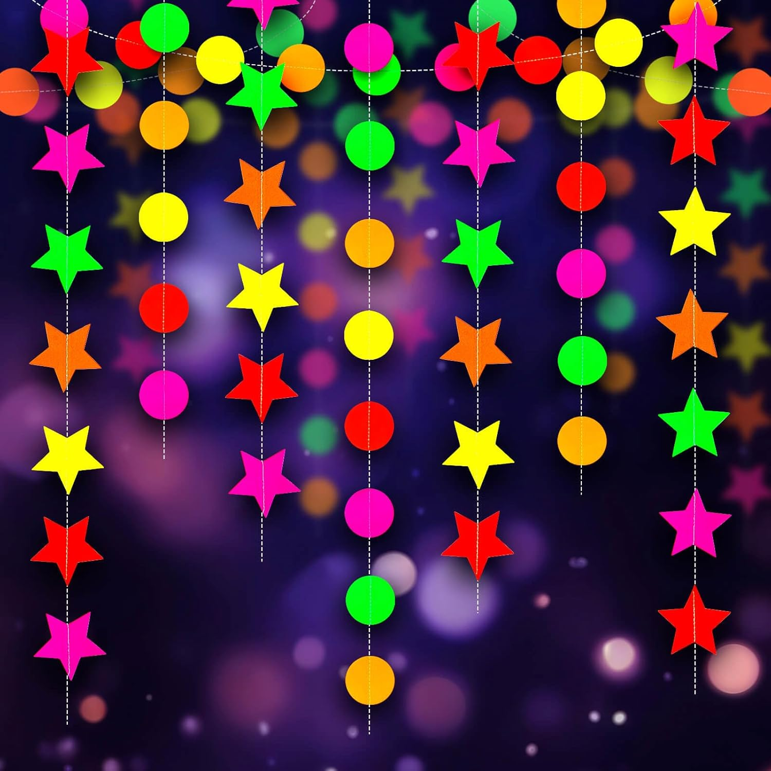 Dayker UV Neon round Garland, Star Paper Neon Streamers Banner, Reusable Blacklight Fluorescent Decorations Glow in the Dark Party, UV Reactive for Party Supplies Wedding Birthday Decor, Total 32.49Ft image number 5