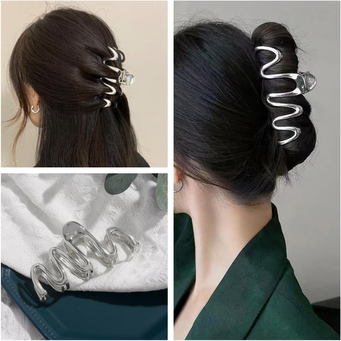 3 Pack Hair Claw Clips for Thick Long Hair, Silver Metal Wave Cross with Peal Big Jaw Clamps Hair Accessories for Women, Fashion Elegant Aesthetics Variety Hairgrip Styling Tools image number 1