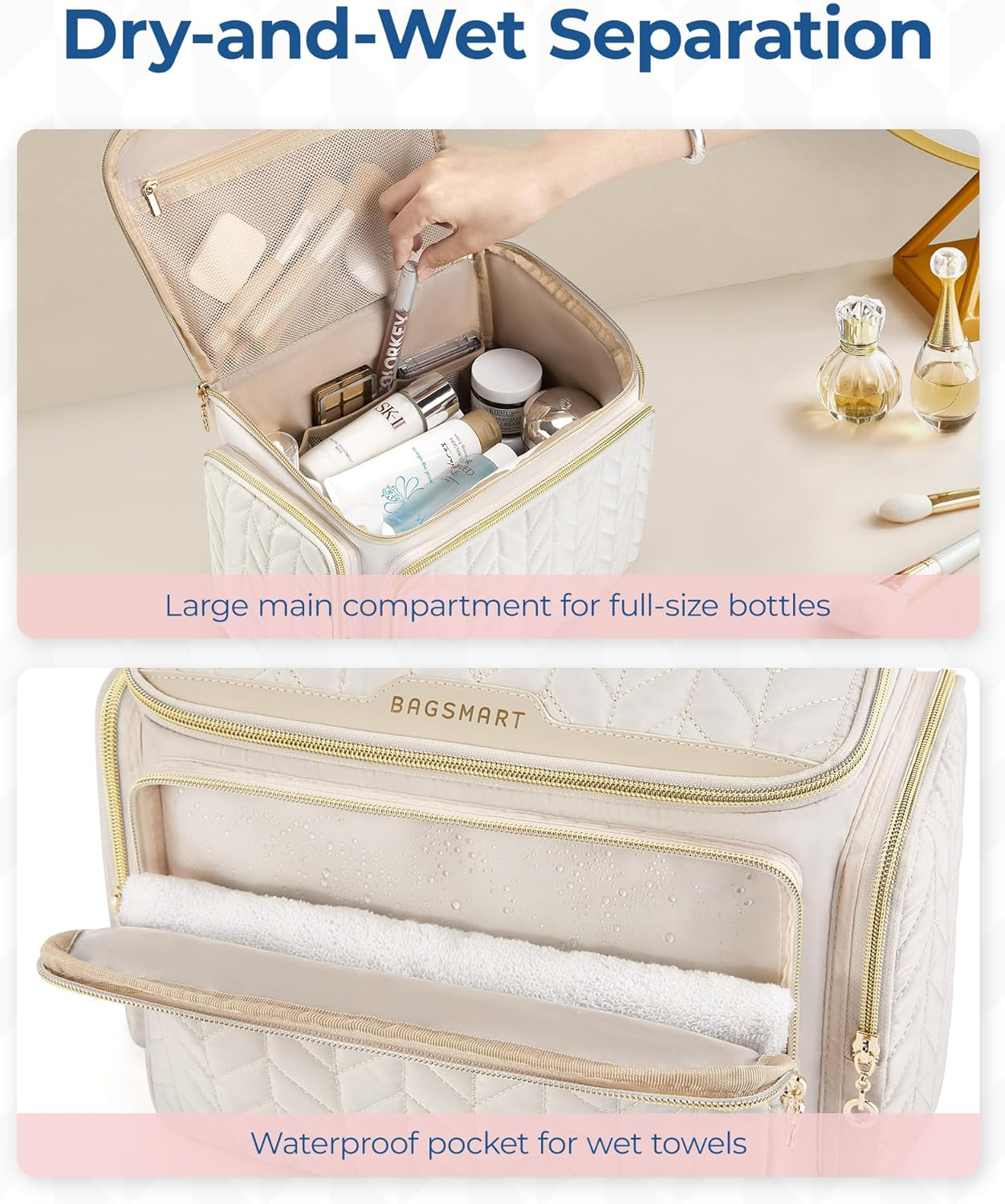 BAGSMART Travel Toiletry Bag, Large Wide-Open Travel Bag for Toiletries, Makeup Cosmetic Travel Bag with Handle-Pink image number 5