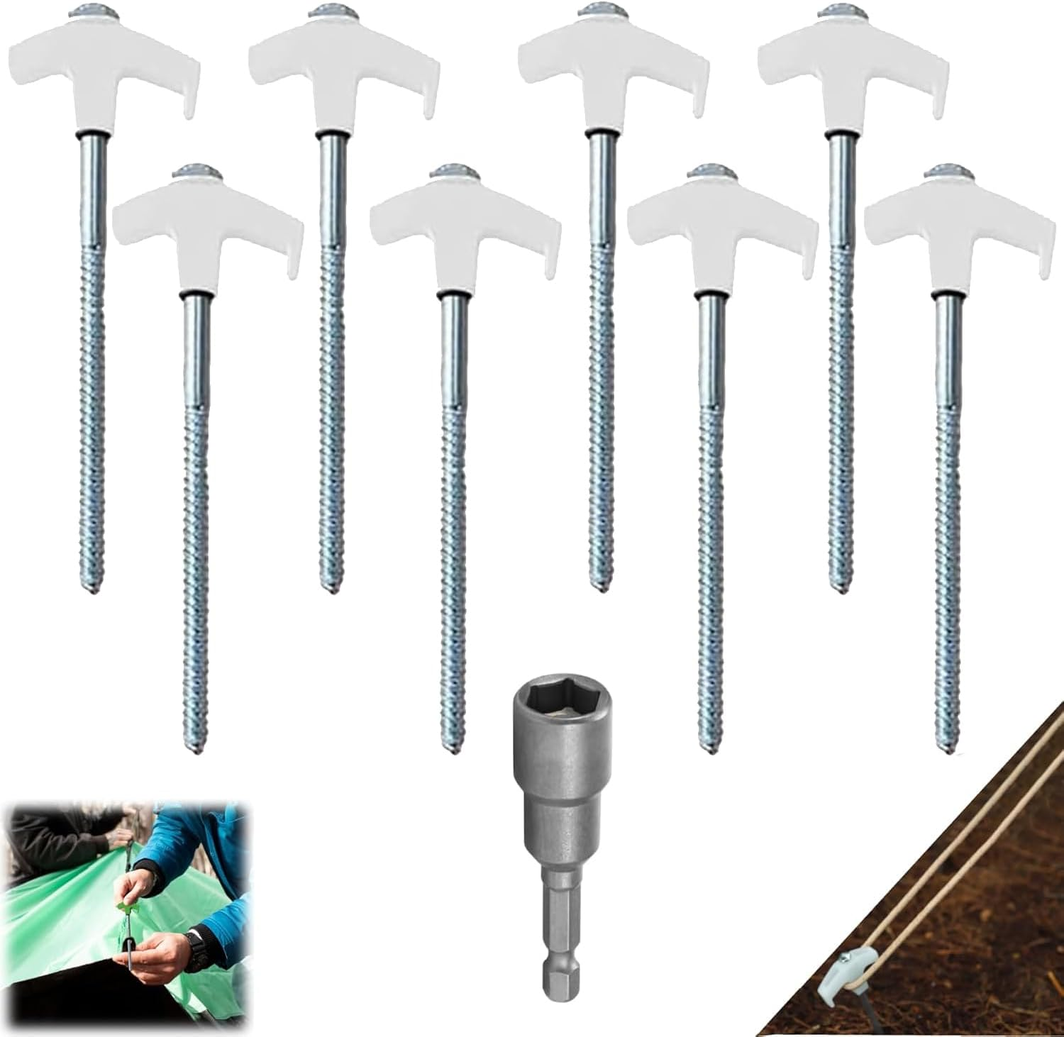 8Pack Tent Stakes-8&rdquo; Drill in Heavy Duty Ground Pegs Screw in Camping Stakes with Hex Head Driver Spikes Puller Protector Ratchet in a Carrying Bag for Camping Hiking, Hammocks Accessories (White)