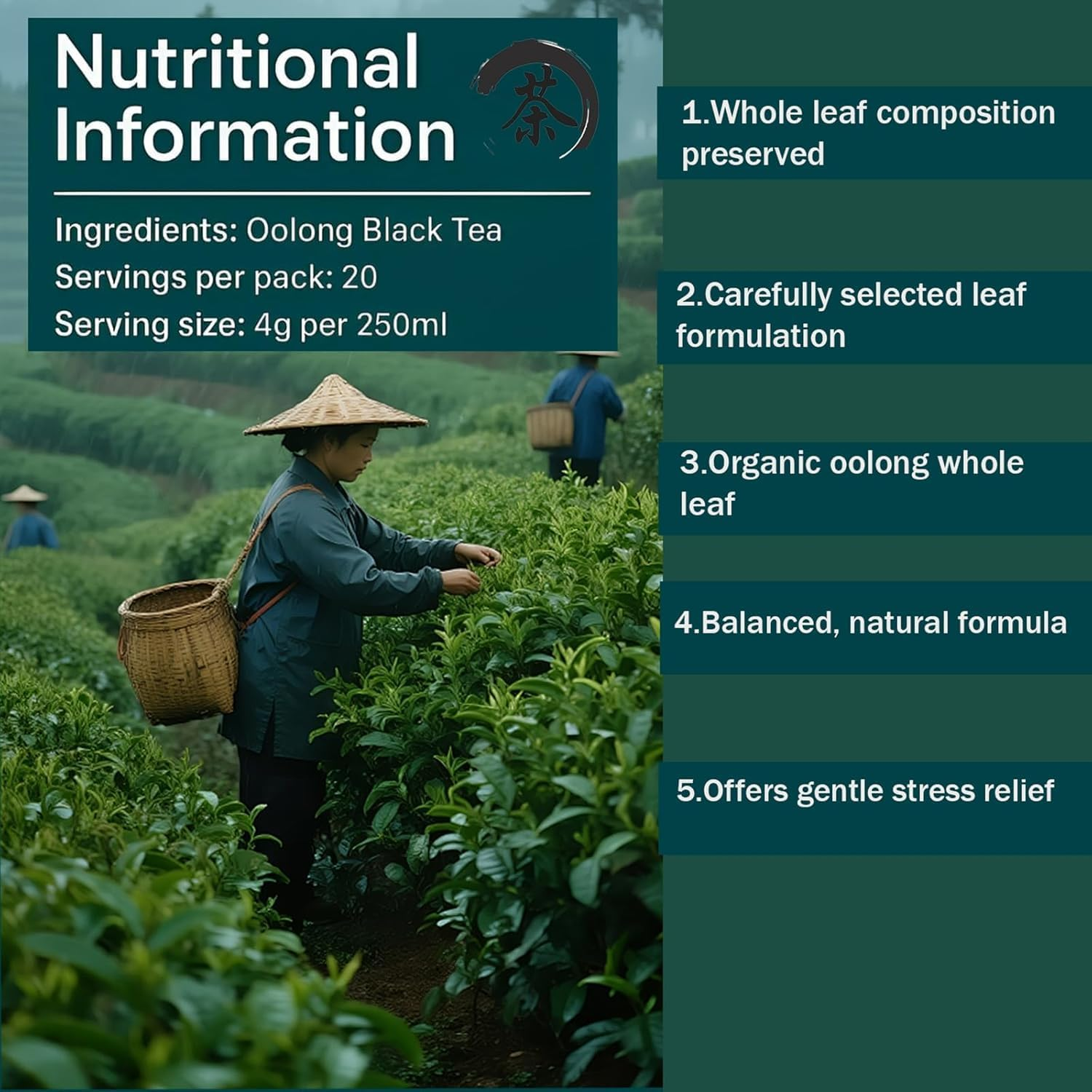 Pipi Tea Organic Oolong Tea Bags-Whole Leaf, (20 Bags)4G of Hand Selected Leaves - Digestion and Metabolism, Naturally Packed Antioxidants,1Pcs image number 2