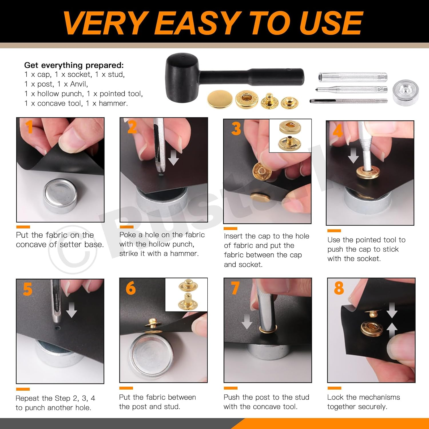 120 Sets 12.5Mm 6 Colors Leather Snap Fasteners Kit with Hammer 9Pcs Setting Tools, Metal Snap Button Press Stud Clothing Snap Assortment Kit for Leather, Clothes, Jackets, Jeans, DIY Craft image number 1