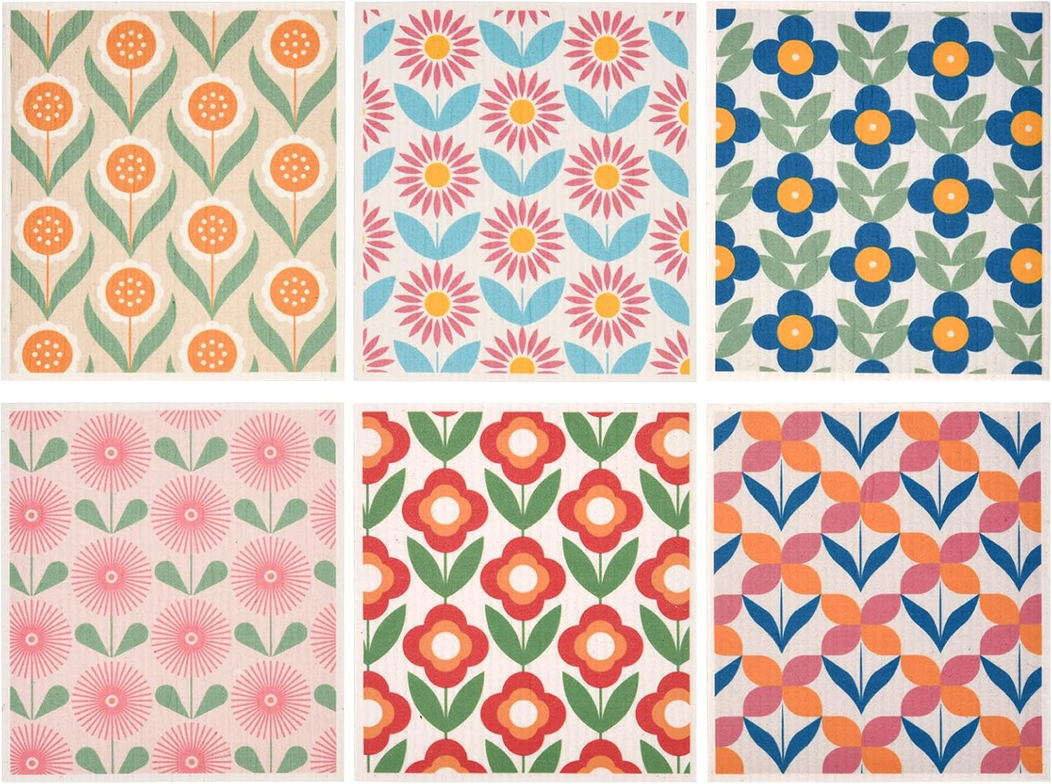 Three Oaks Set of 6 Kitchen Art Deco Scandi Nordic Mid Century Retro Flower Swedish Dishcloths Cleaning Cloths Strong Absorbent Quick Drying Dish Towels Reusable Cloths for Counter Wipes image number 1