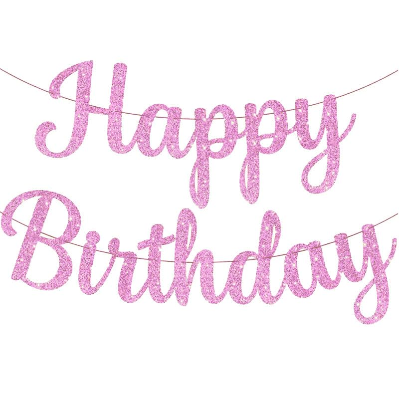 Cursive Glitter Happy Birthday Banner, 10 Feet Birthday Party Decorations HBD Sign Decor (Hot Pink) - Pink