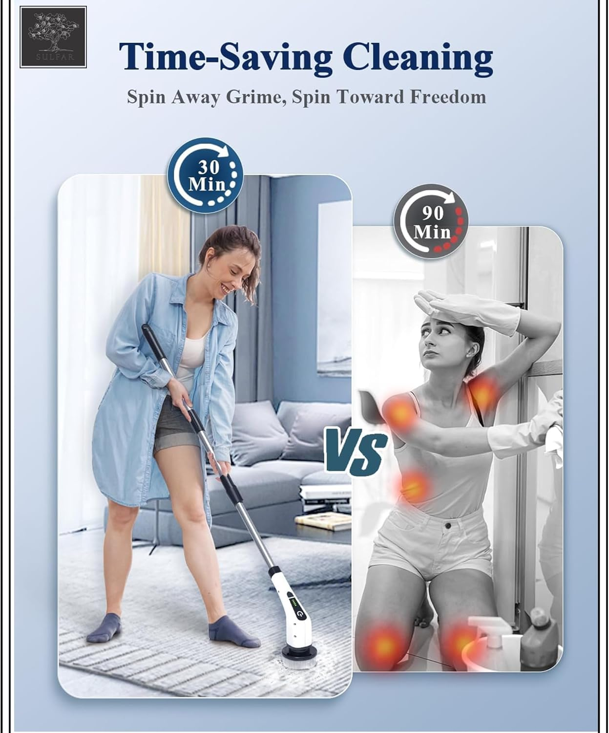 Sulfar Electric Spin Scrubber, Cordless Cleaning Brush with 7 Replaceable Drill Brush Heads and 54 Inch Adjustable Extension Arm, Power Shower Scrubber for Bathroom, Kitchen, Floor, Tile, Tub image number 1