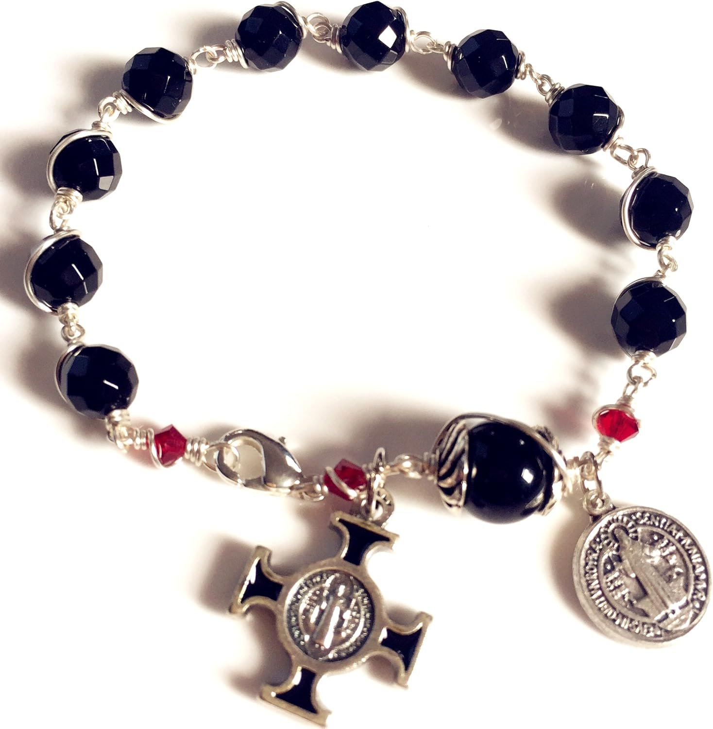 Elegantmedical HANDMADE SILVETR Wire Wrap Black Agate Prayer Beads Bracelet Rosary Cross Catholic