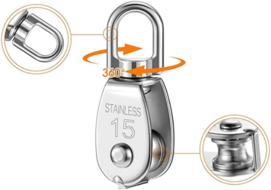 Stainless Steel Wire Rope Crane Pulley Block M15 Lifting Crane Swivel Hook Single Pulley Block Hanging Wire Towing Wheel,304 Stainless Steel 0.59" (6PCS)