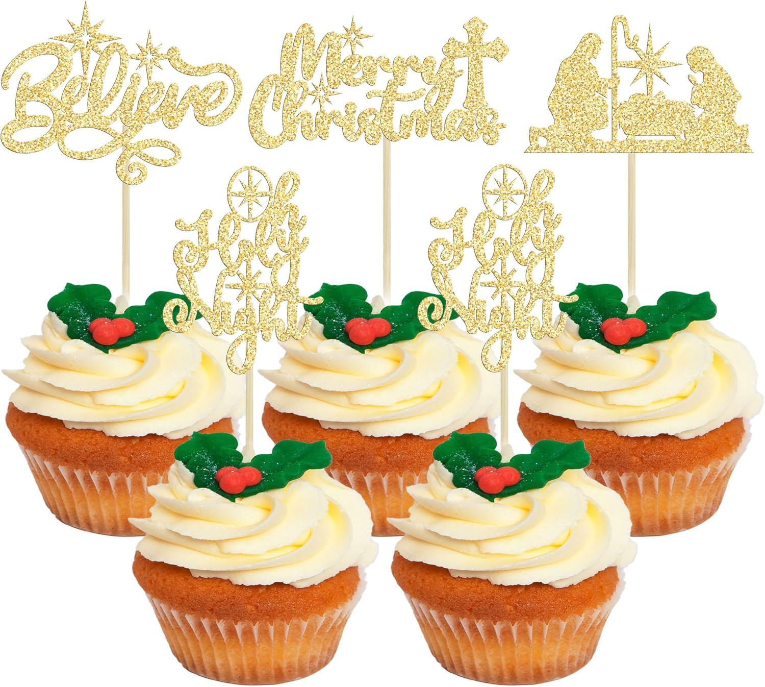 24Pcs Christmas Jesus Cupcake Toppers Glitter Holy Night Blessed Believe Christmas Nativity Cupcake Picks for Nativity Scene Theme Christmas Jesus Birthday Party Cake Supplies Gold image number 2