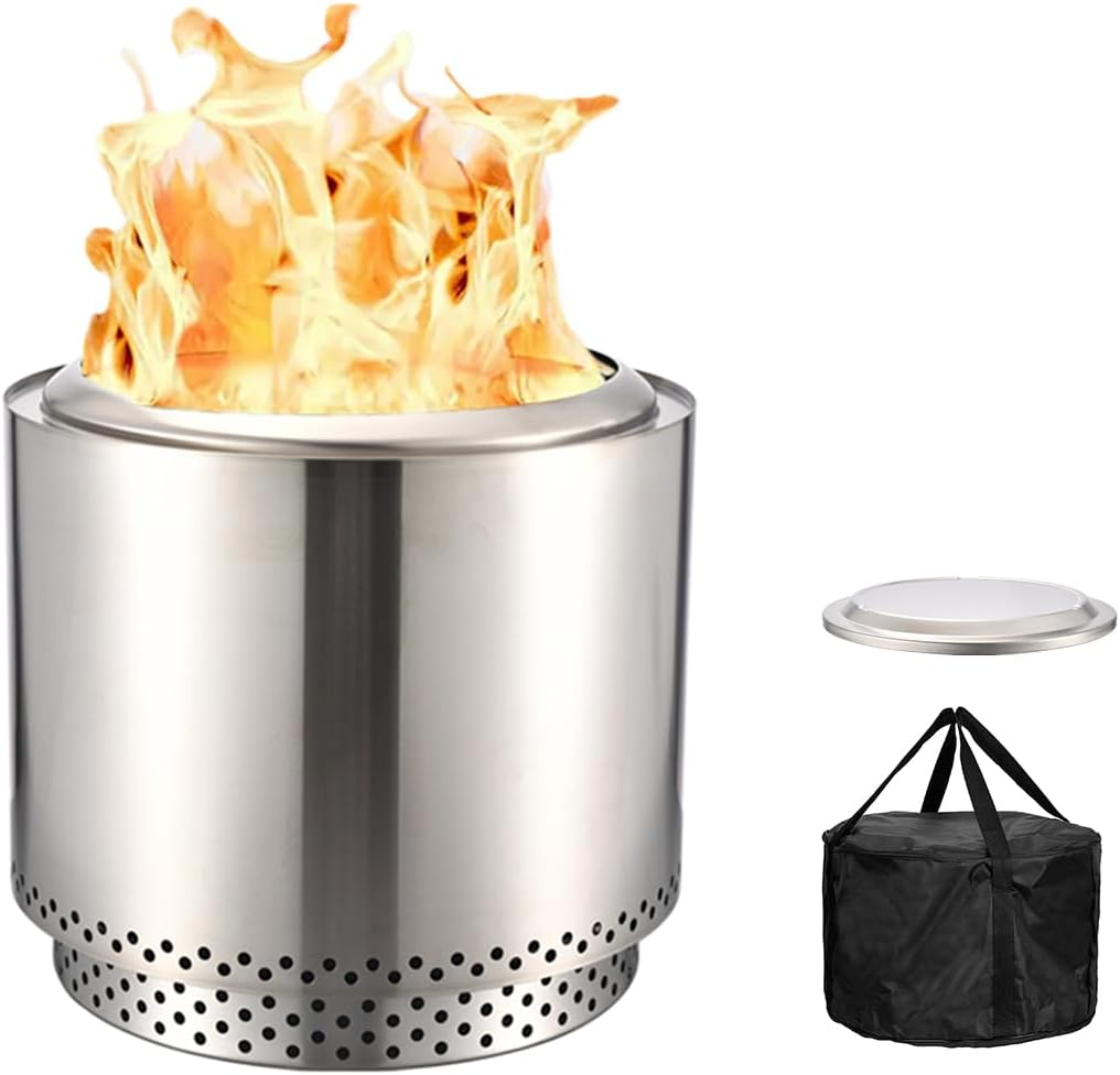 Tow Smokeless Fire Pit, 19 Inch Wood Burning Fireplaces with Removable Ash Pan, Portable Outdoor Bonfire Firepit with Stand, Backyard, Patio & Camping, Stainless Steel, Easy Setup (Premium Package)