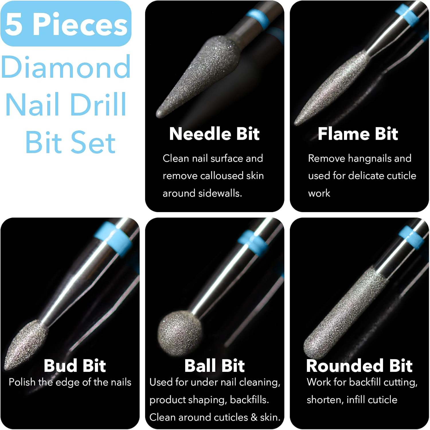 Homeet Pack of 11 Ceramic Nail Cutter Bits Tungsten Alloy Professional Nail Cutter Bits Diamond Attachments Removal Gel Acrylic Cuticle Nail Drill for Manicure Pedicure image number 3