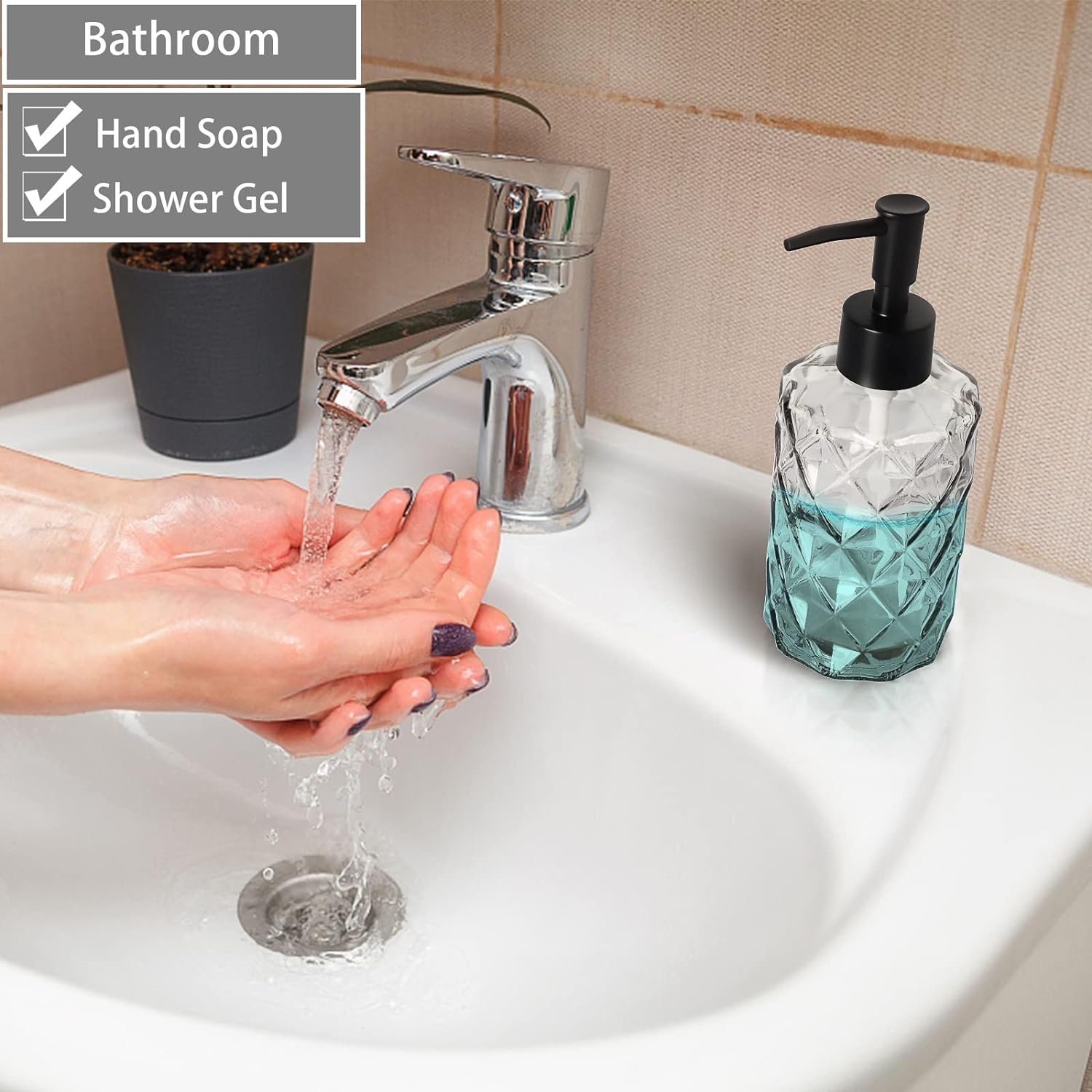 Glass Soap Dispenser with Black Pump, Bathroom Soap Dispenser Set(2 Pack, 11Oz.) Premium Thick Soap Pump Bottles, Refillable Kitchen Liquid Soap Bottle for Hand Sanitizer, Lotion (Clear, Black Pump)